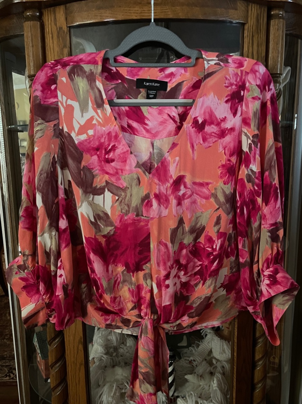 Karen Kane Coral and Hot Pink Floral Tie-Front Blouse
